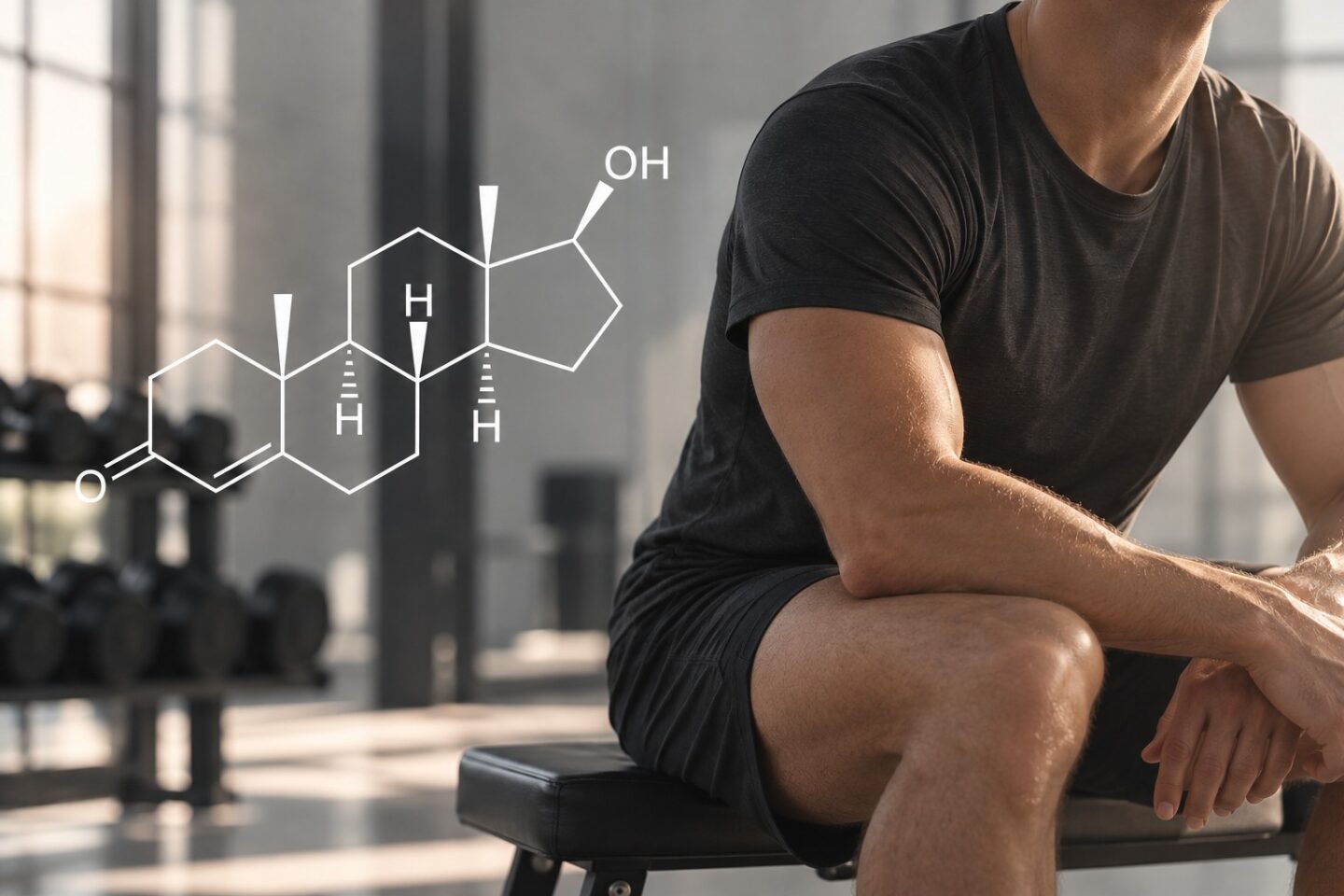 Man som sitter på en bänk på gymmet med kemiska beteckningen för testosteron